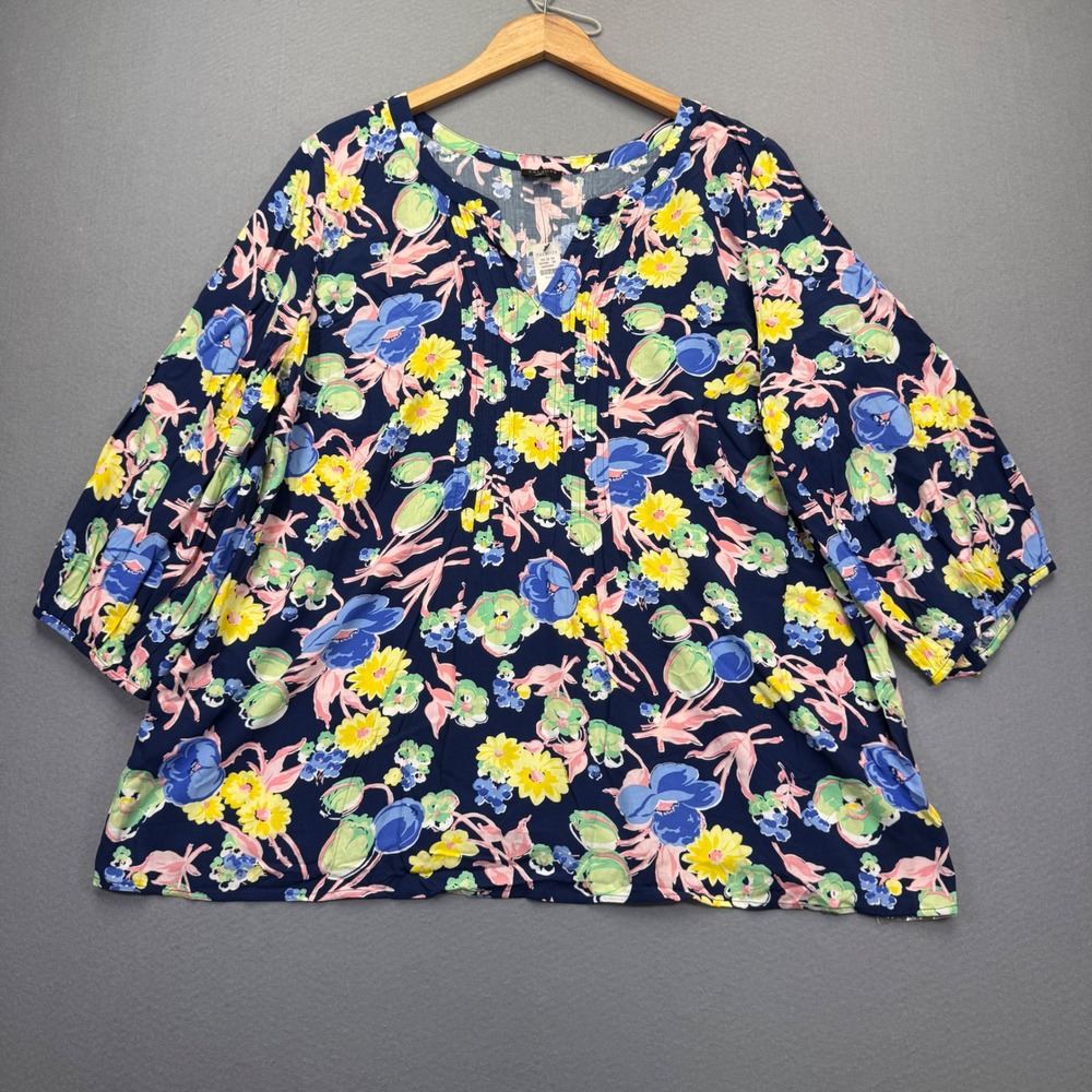 Talbots Plus 2X Navy Blue Floral Rayon V-Neck Pleated‎ 3/4 Sleeve Blouse ID4976